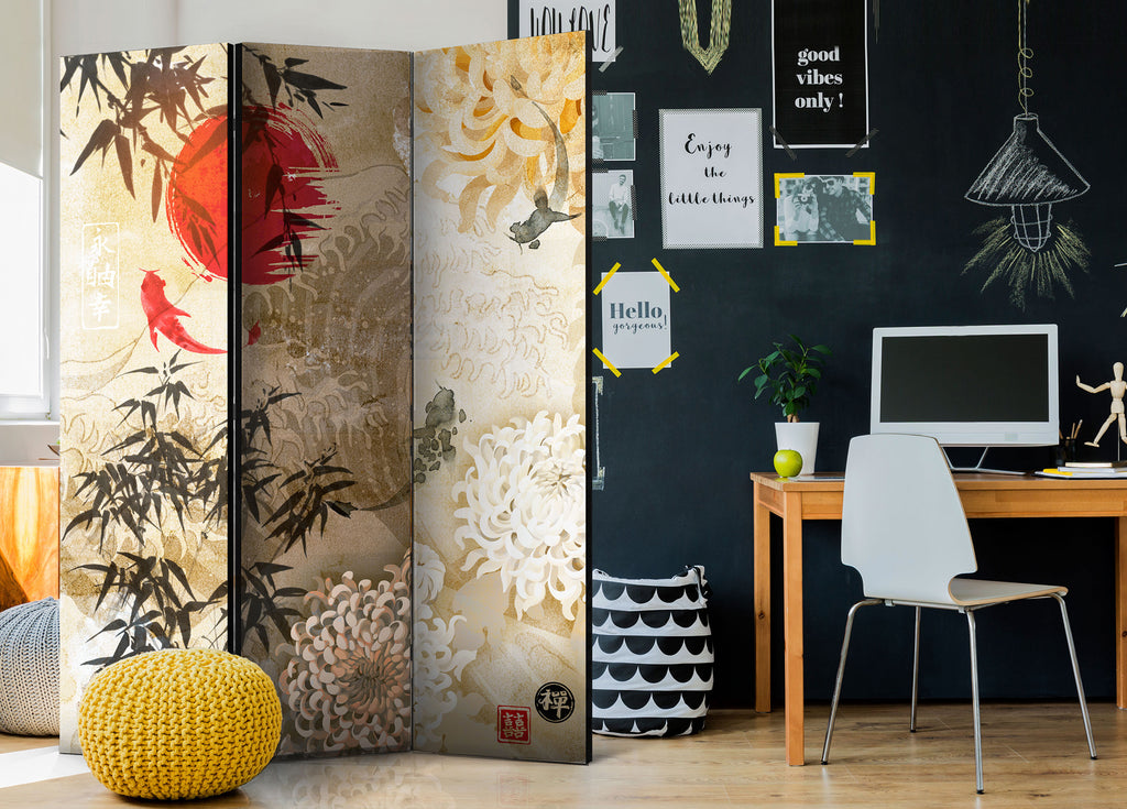 Koi Fish and Floral Zen 3-Panel Room Divider