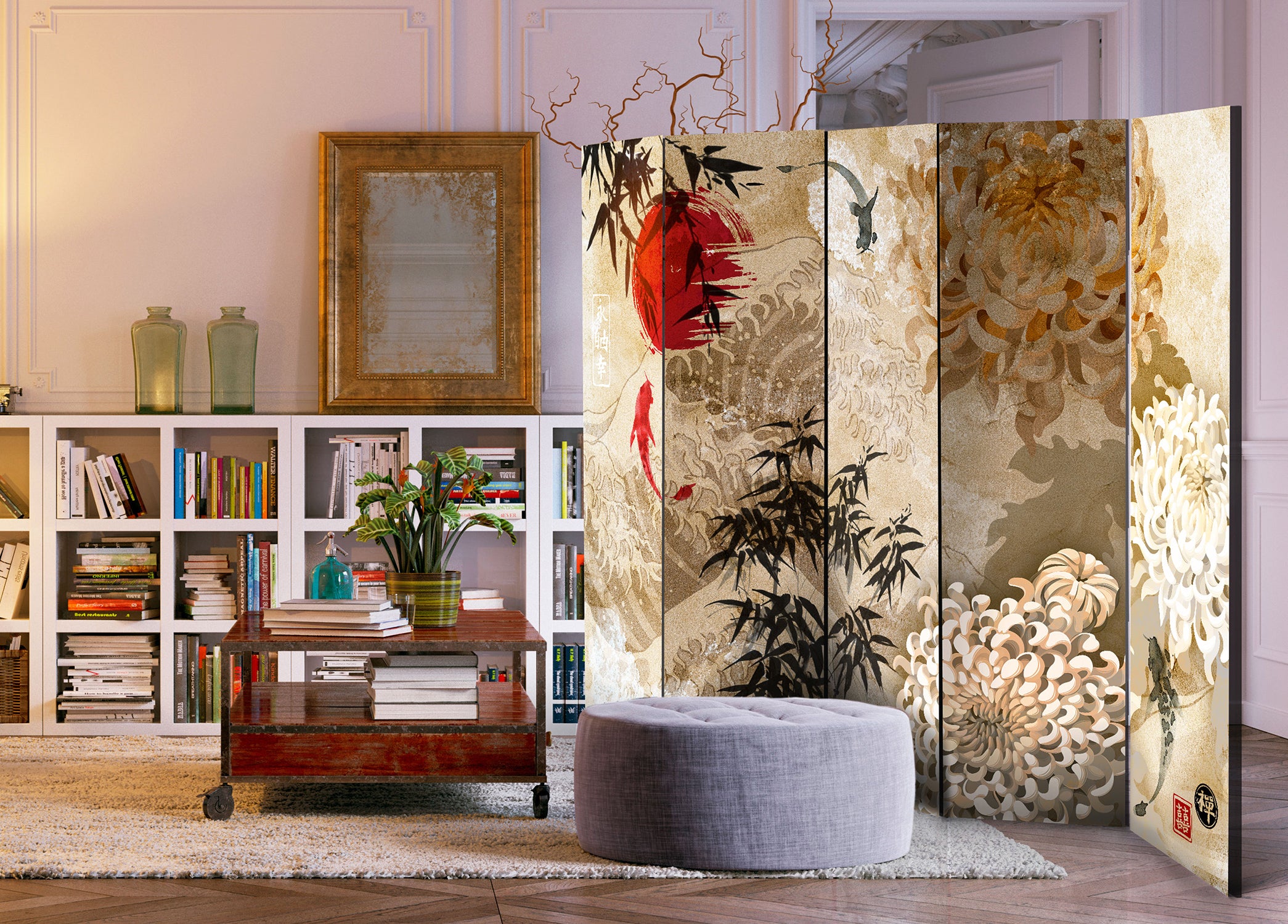 Koi Fish Floral Zen Texture 5-Panel Japanese Room Divider