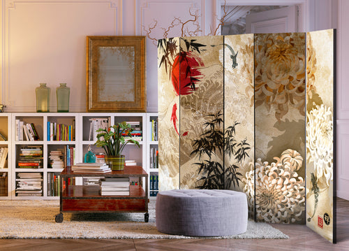 Koi Fish Floral Zen Texture 5-Panel Japanese Room Divider