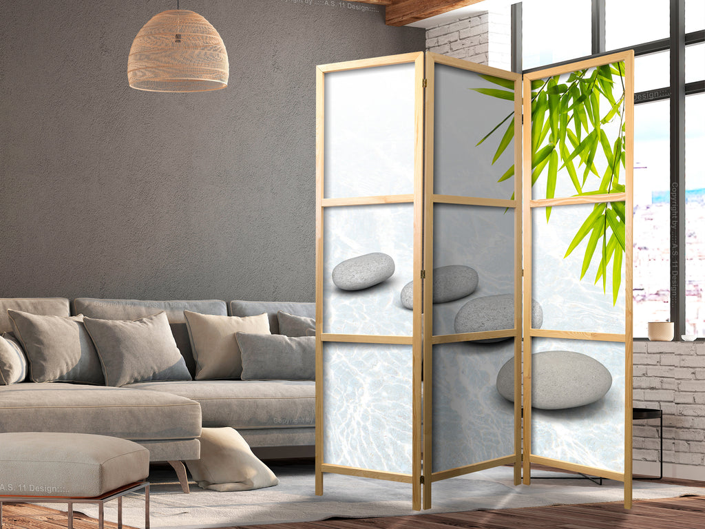 Zen Stone Water Nature 3-Panel Japanese Room Divider