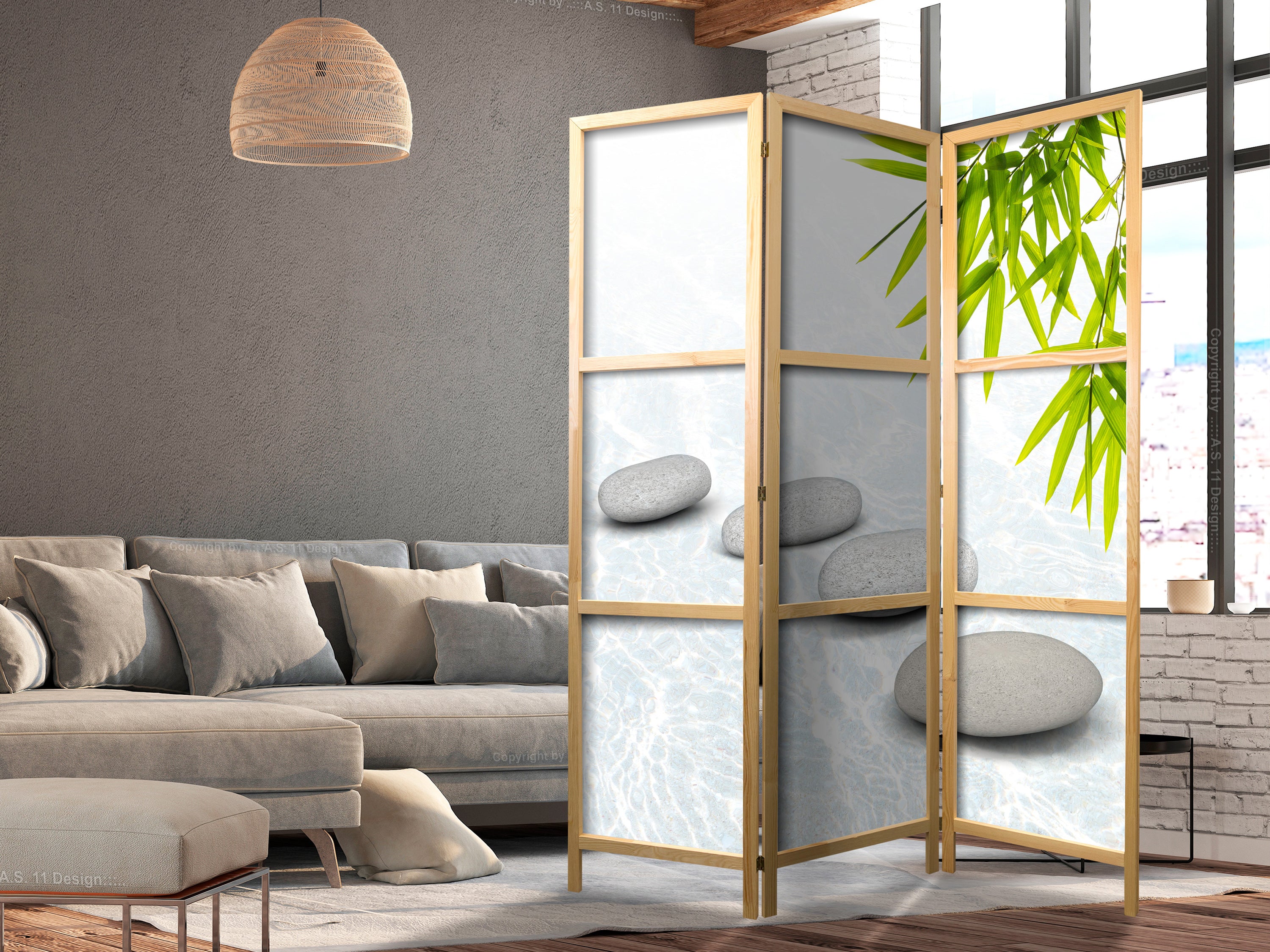 Zen Stone Water Nature 3-Panel Japanese Room Divider