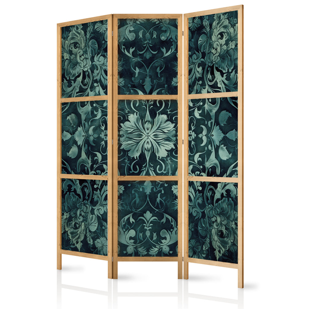 Japanese Room Divider with Oriental Pattern and Emerald Accents