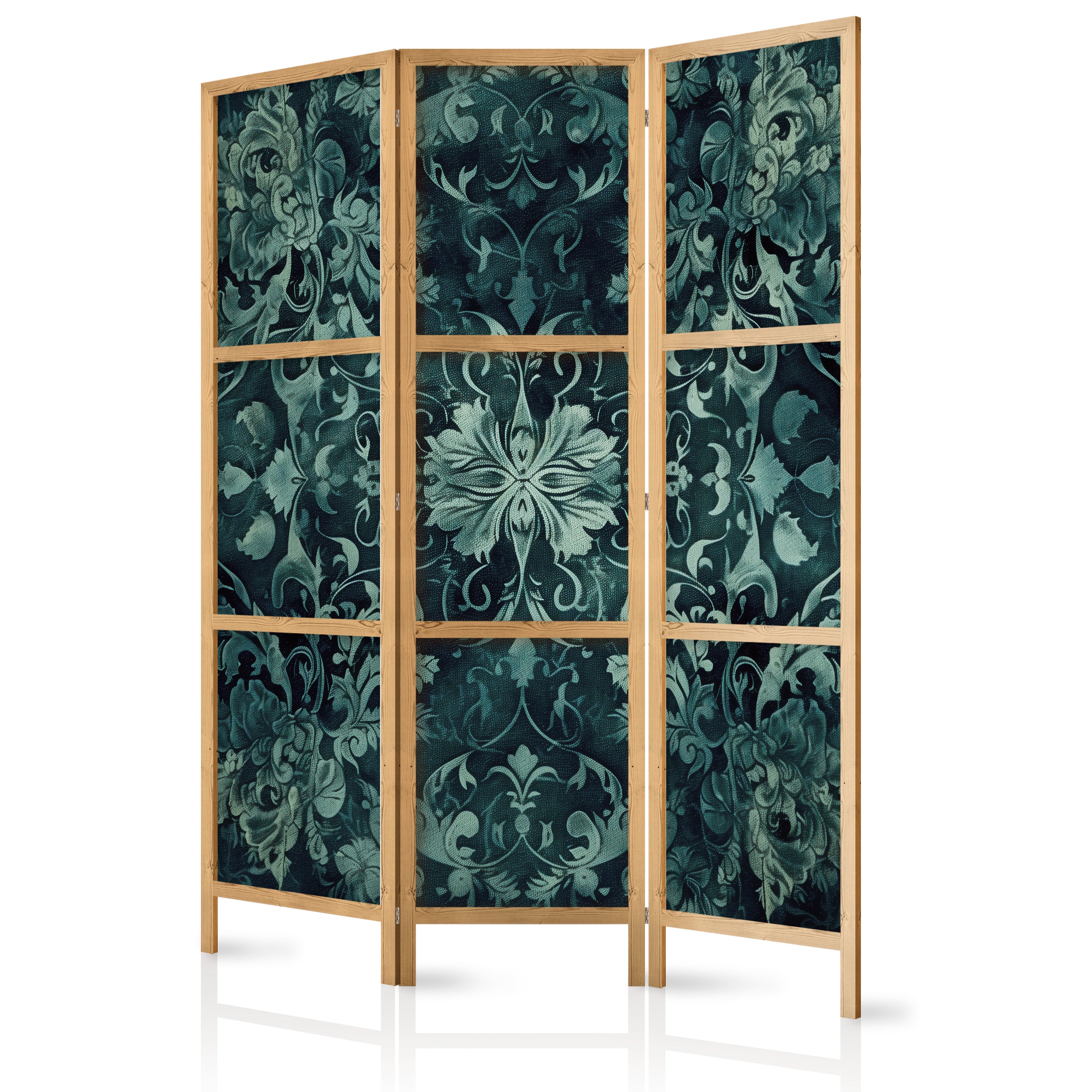 Japanese Room Divider with Oriental Pattern and Emerald Accents