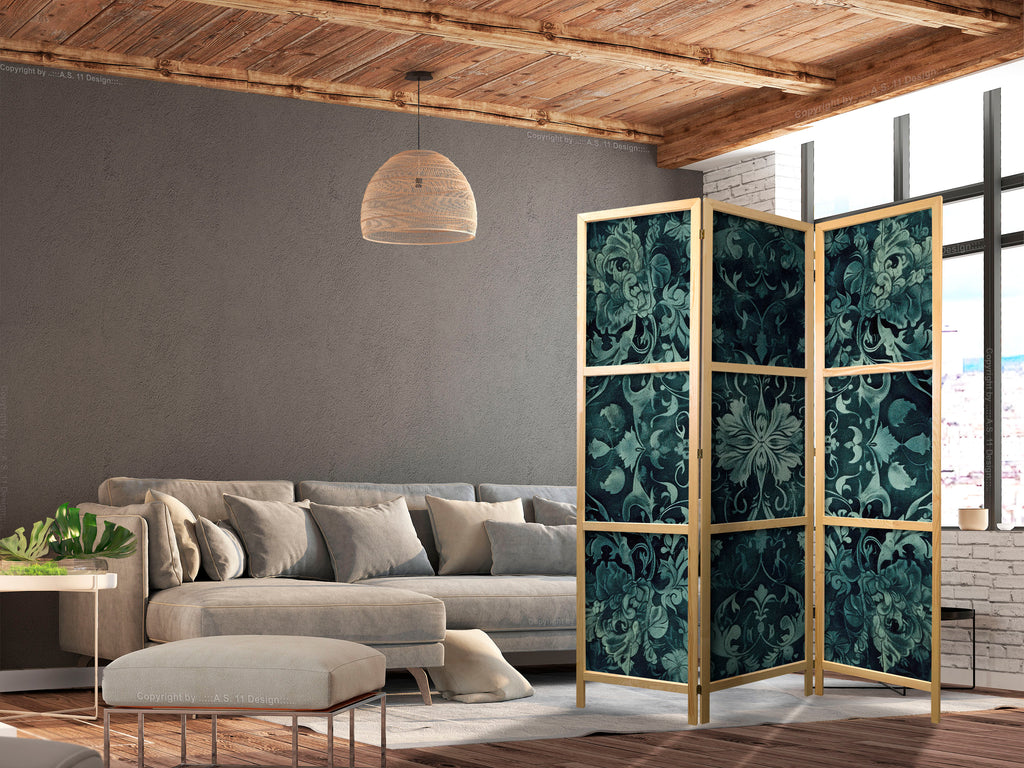 Japanese Room Divider with Oriental Pattern and Emerald Accents